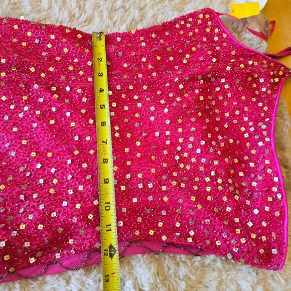 Vintage PANOPLY Pink Sequin One-Shoulder Silk Dress Embellished Sz 6 Y2K Glam - Picture 6 of 15